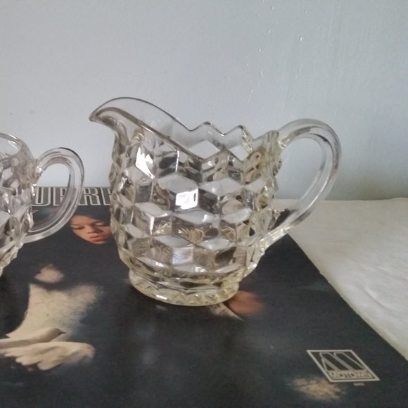 JEANNETTE GLASS COMPANY CUBE/CUBIST PATTERN CREAMER AND OPEN SUGAR BOWL VINTAGE - Picture 2 of 7